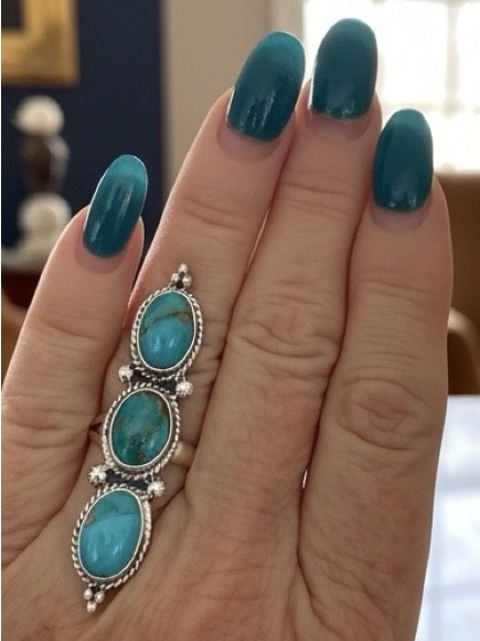 Genuine Kingman Turquoise Triple Stone Sterling Silver Ring - Turquoise